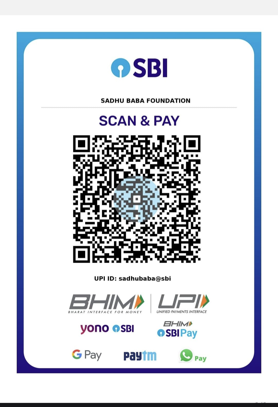 Donate to Sadhu Baba Foundation UPI QR Code